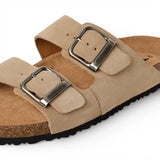 Herensandalen van zandbeige leer met instapzool en voetbed.