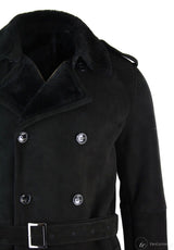 Mens Sherling Sheepskin Black Grey Double Breasted Belted 3/4 Overcoat
