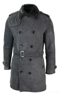 Mens Sherling Sheepskin Black Grey Double Breasted Belted 3/4 Overcoat