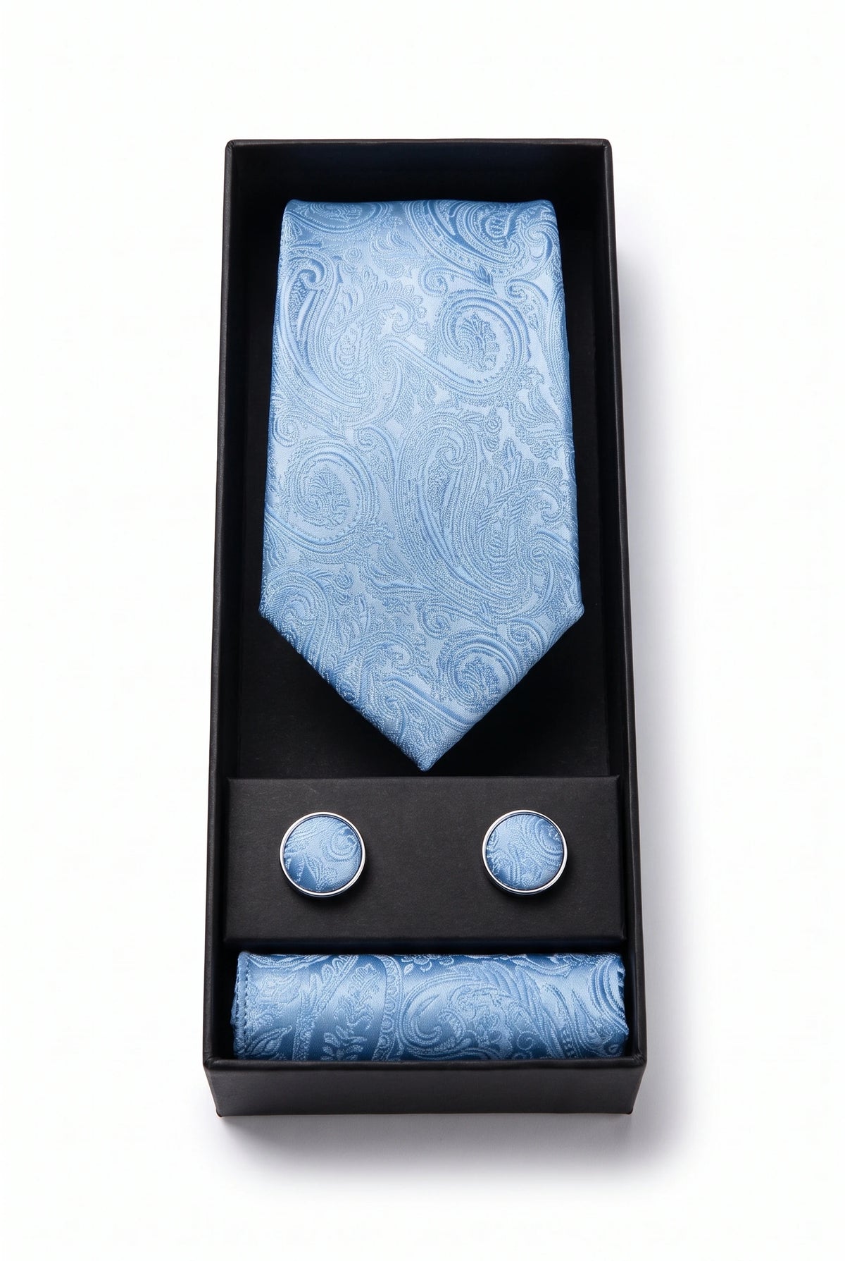 Cadeauset met lichtblauwe paisley stropdas voor heren