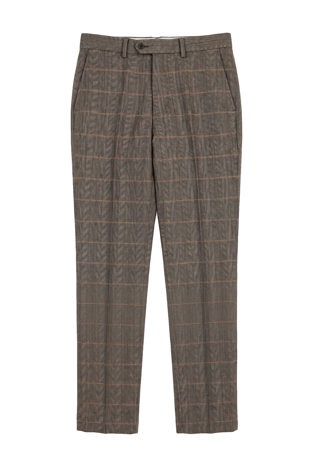Dx-7 - Heren Tweed Geruite Broek Herringbone Tan Bruin Regular