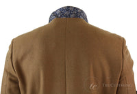 Mens Winter Over Coat 3/4 Trench Jacket Herringbone Long Velvet Trim Button-Tan