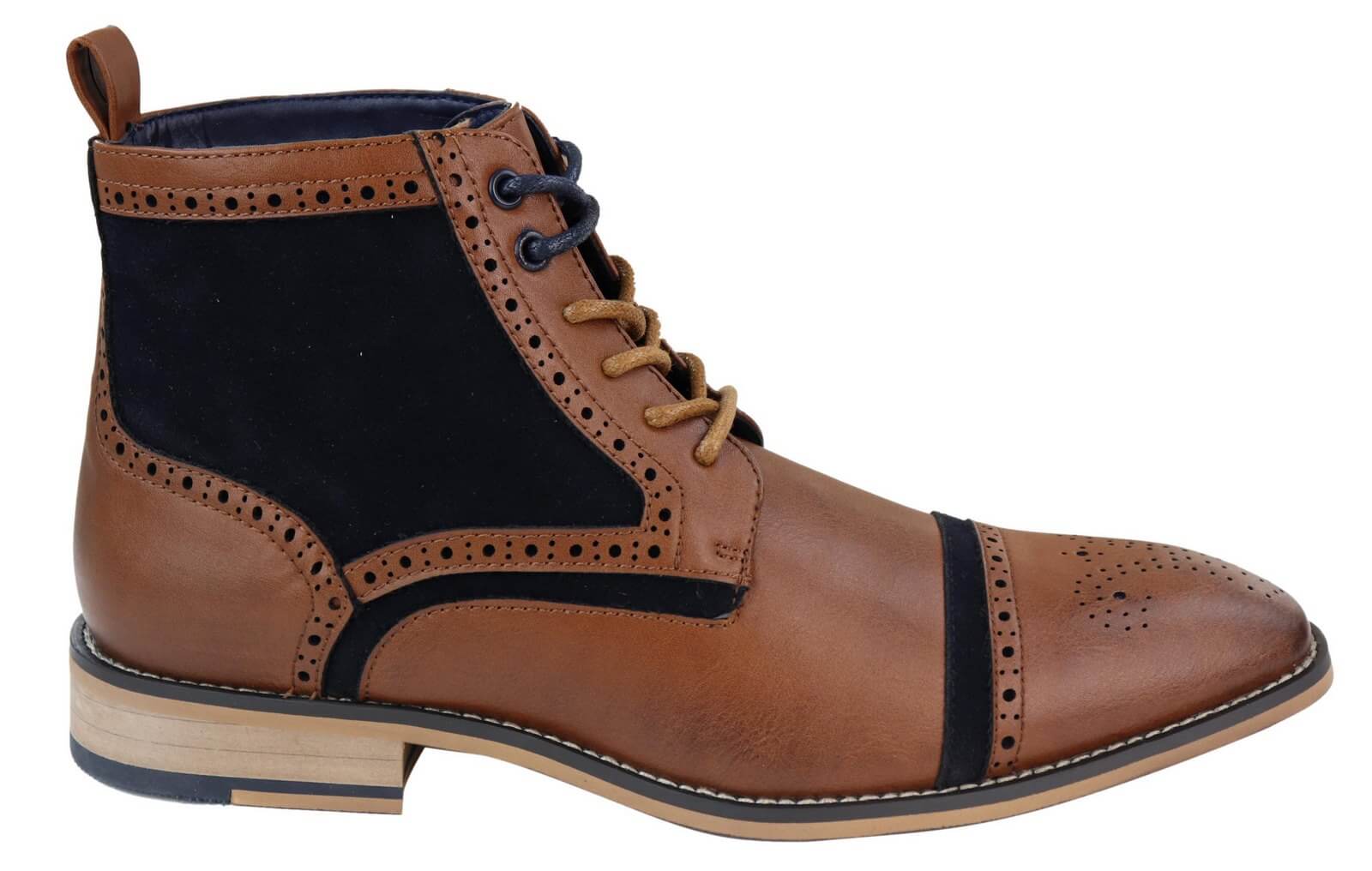 Mens Tan/Navy Leather & Velvet Akle Boots
