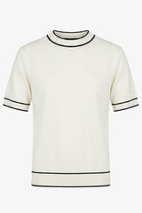 Off-white gebreid T-shirt voor heren, normale pasvorm, ronde hals met contrasterende bies.