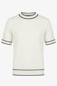 Off-white gebreid T-shirt voor heren, normale pasvorm, ronde hals met contrasterende bies.