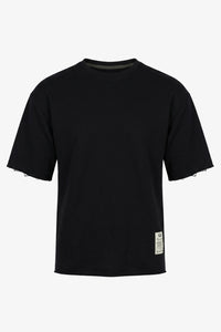 Donkerblauw heren T-shirt met relaxte pasvorm, onafgewerkte randen, katoenmix, ronde hals.