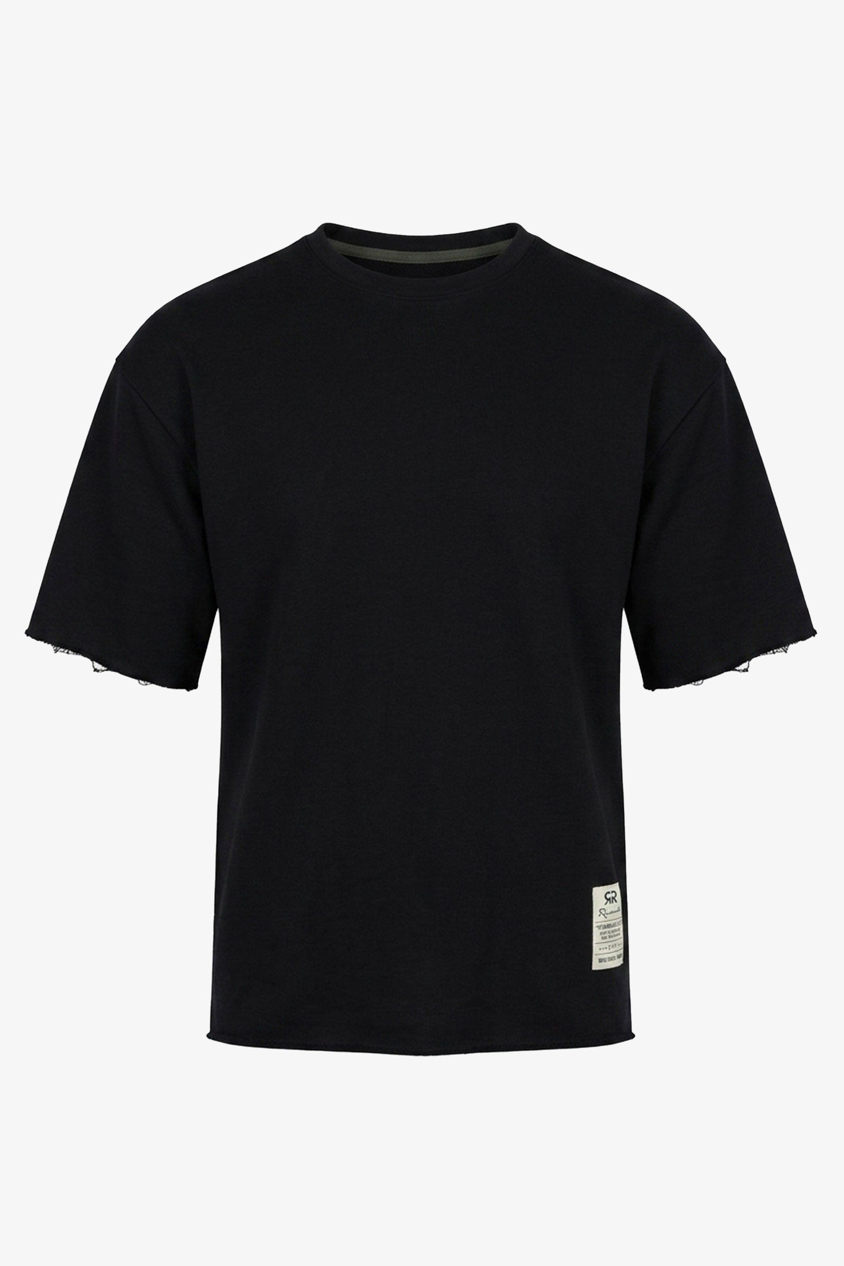 Donkerblauw heren T-shirt met relaxte pasvorm, onafgewerkte randen, katoenmix, ronde hals.