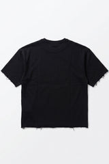 Donkerblauw heren T-shirt met relaxte pasvorm, onafgewerkte randen, katoenmix, ronde hals.