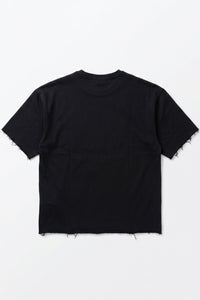 Donkerblauw heren T-shirt met relaxte pasvorm, onafgewerkte randen, katoenmix, ronde hals.