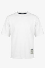 Wit heren T-shirt met relaxte pasvorm, onafgewerkte randen, katoenmix, ronde hals.