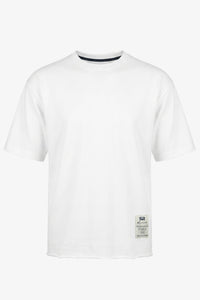 Wit heren T-shirt met relaxte pasvorm, onafgewerkte randen, katoenmix, ronde hals.