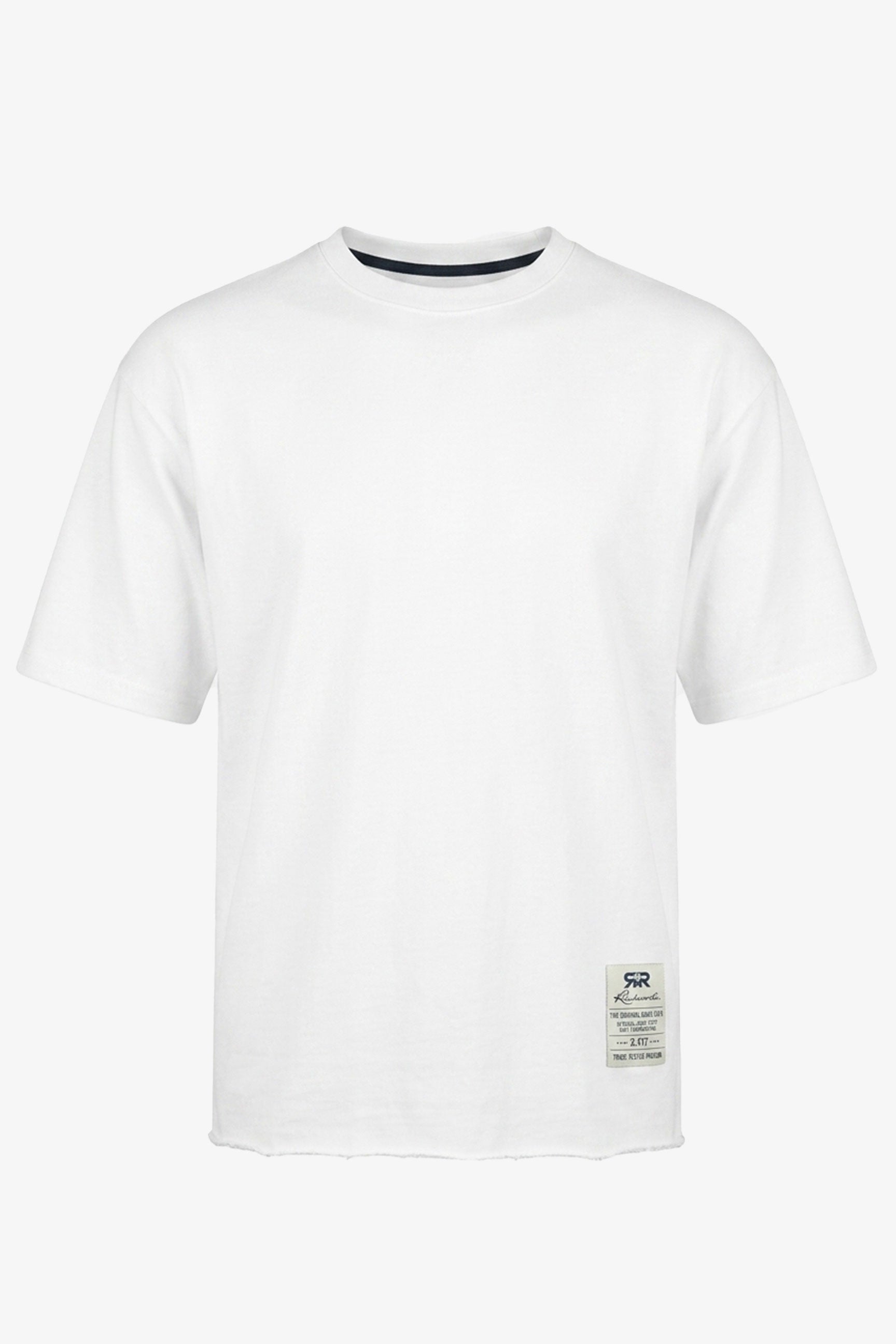 Wit heren T-shirt met relaxte pasvorm, onafgewerkte randen, katoenmix, ronde hals.