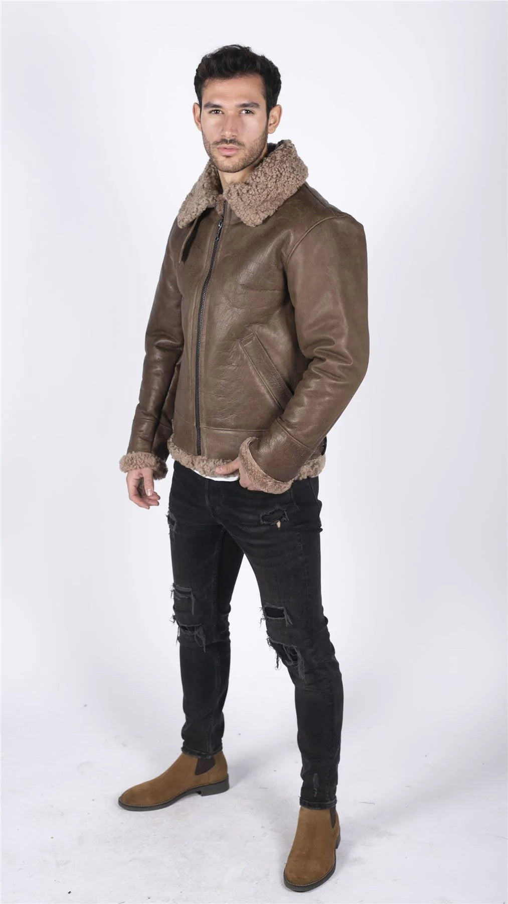 Mens Genuine Sheepskin Leather B3 Flying Aviator Vintage Brown Teddy Sheep Fur