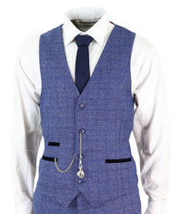 Mens Tweed Blue 3 Piece Check Suit Pocket Watch Tailored Fit Peaky Blinders
