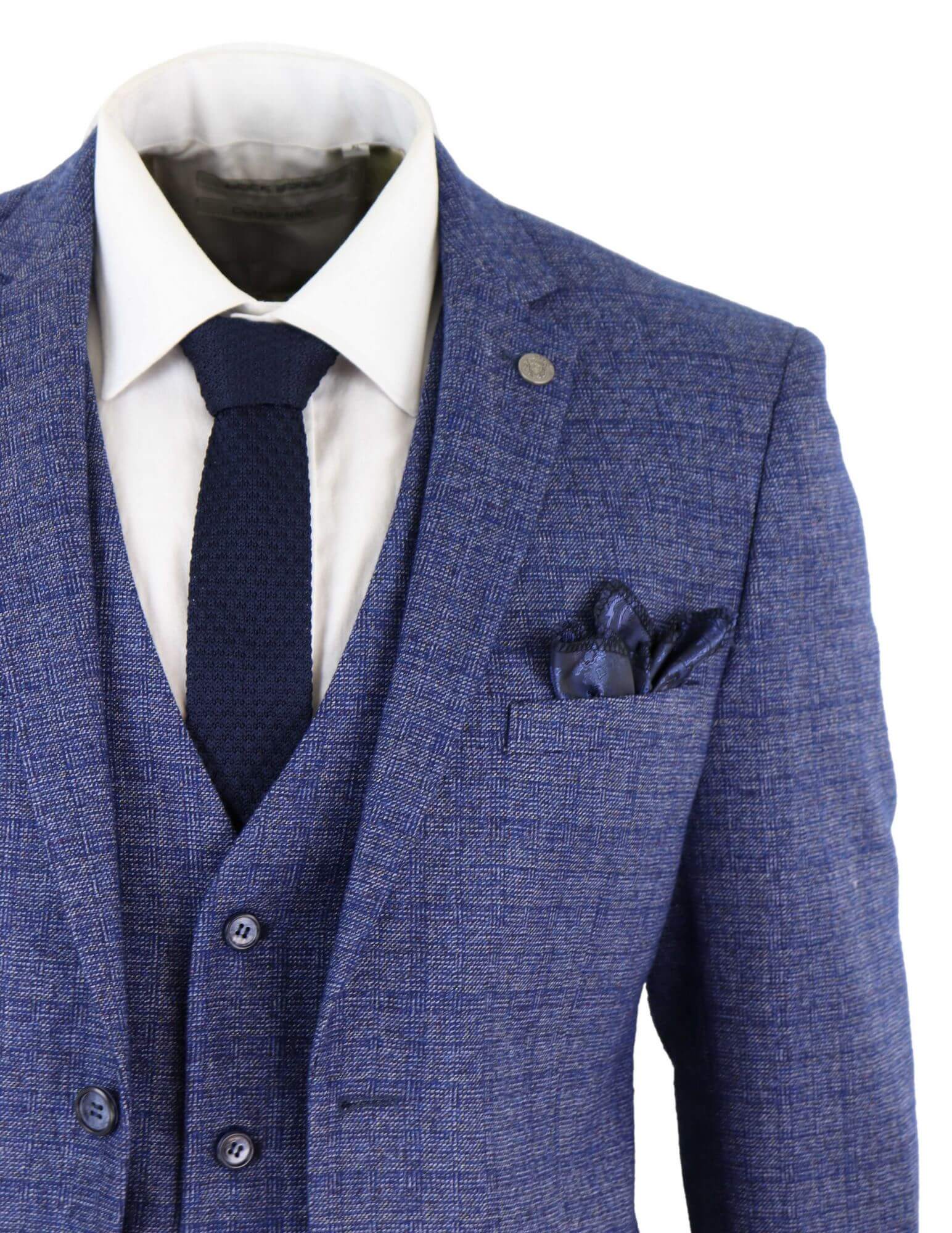 Mens Tweed Blue 3 Piece Check Suit Pocket Watch Tailored Fit Peaky Blinders