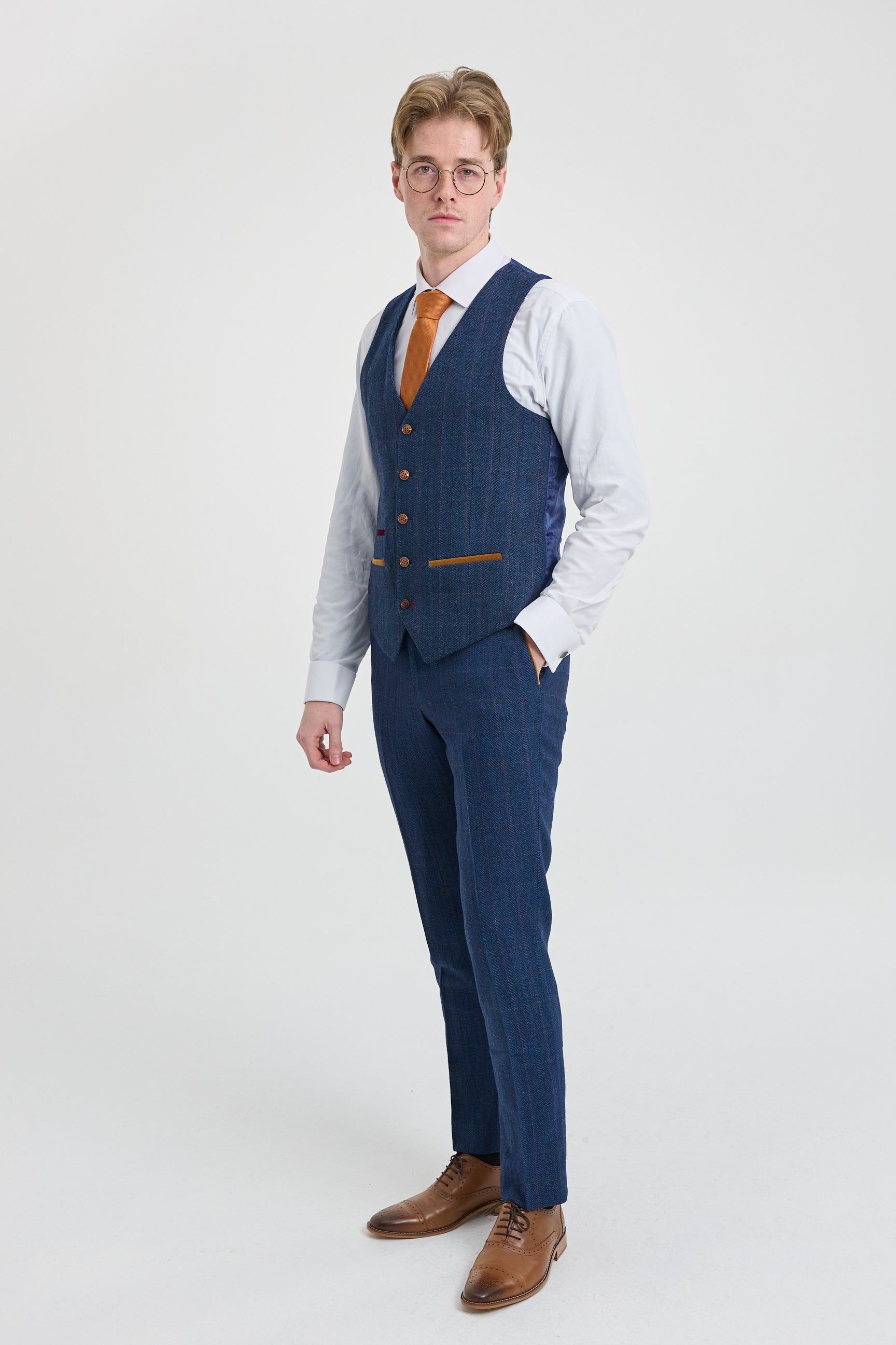 Scott heren blauw 3-delig tweed geruit pak