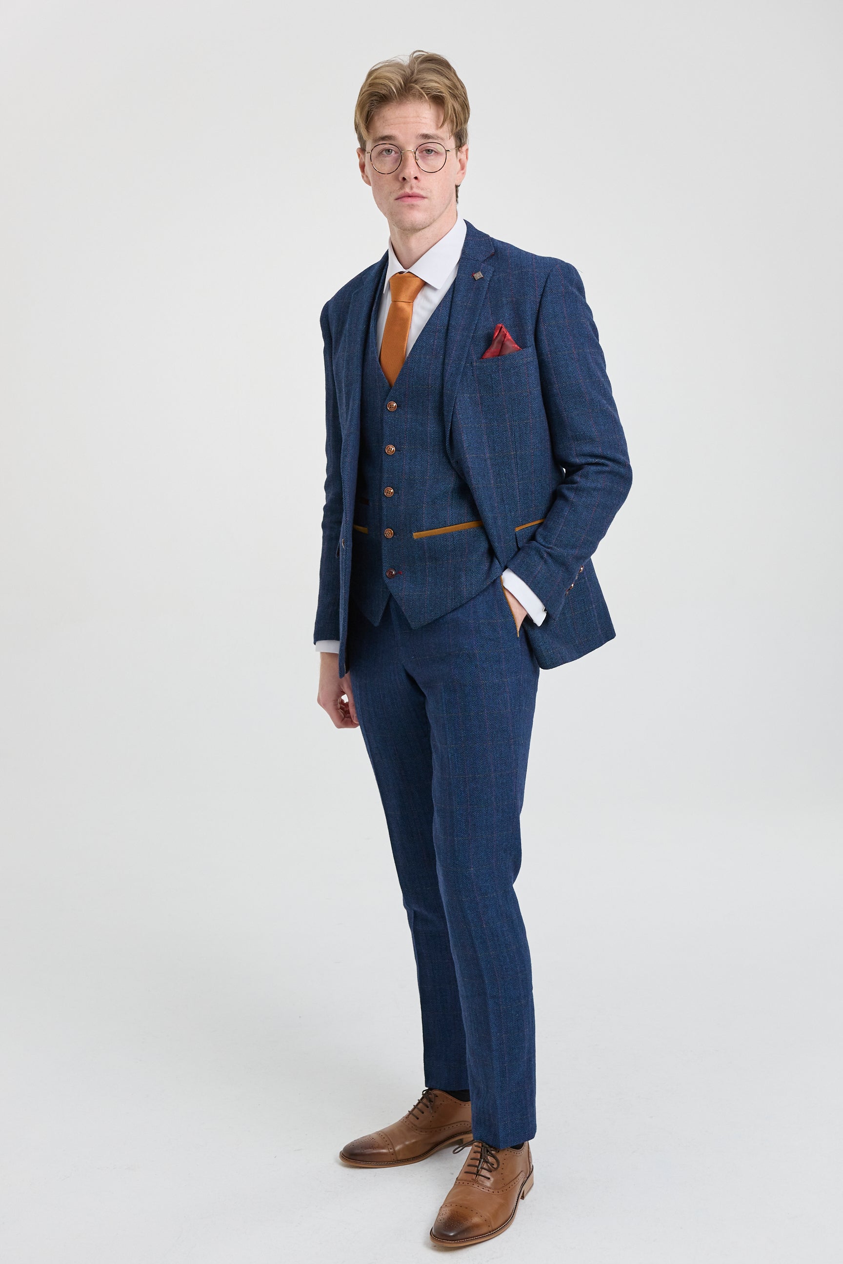 Scott heren blauw 3-delig tweed geruit pak