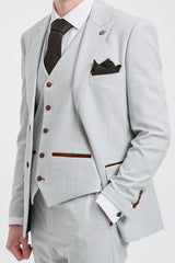 Mark Heren Grijs Steen 3-delig Tweed Geruit Pak met Bruine Rand voor Bruiloften en Gala's