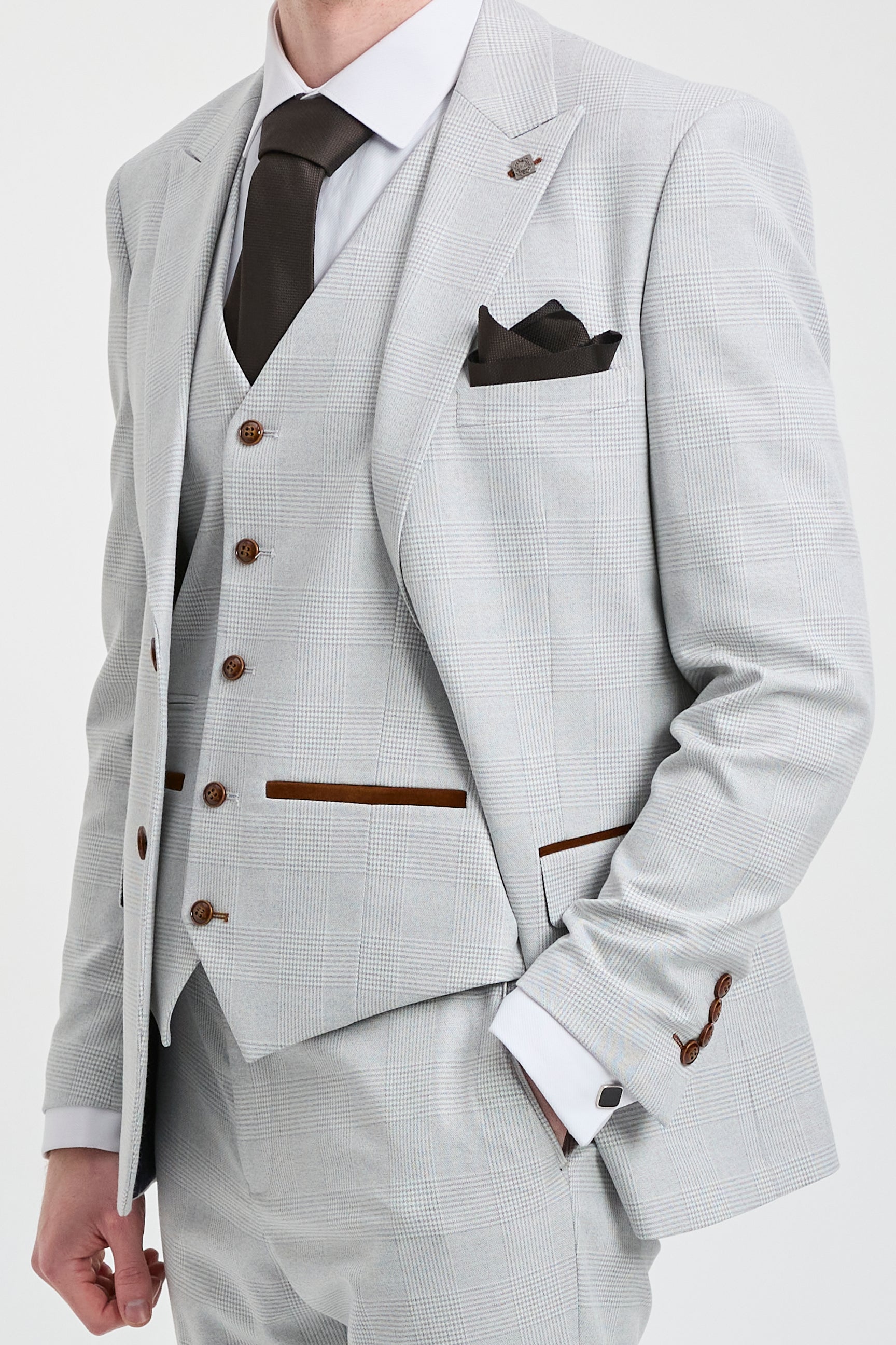 Mark Heren Grijs Steen 3-delig Tweed Geruit Pak met Bruine Rand voor Bruiloften en Gala's