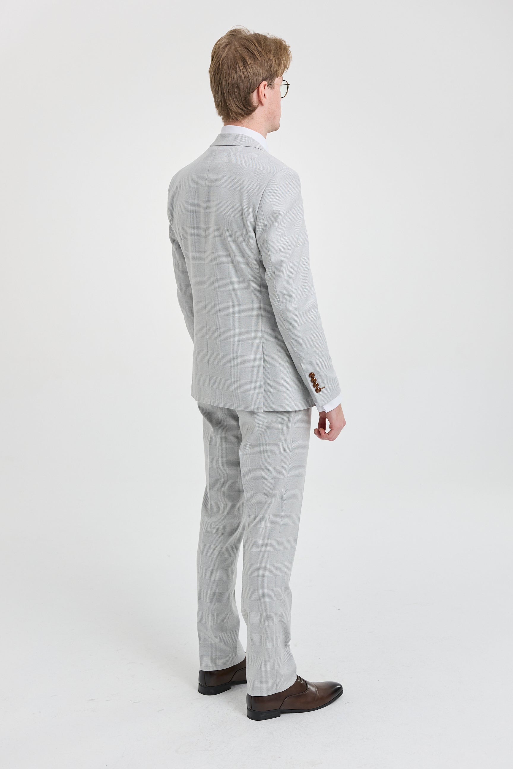 Mark Heren Grijs Steen 3-delig Tweed Geruit Pak met Bruine Rand voor Bruiloften en Gala's