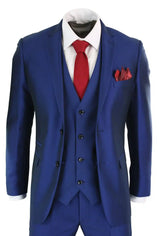 Mens 3 Piece Shiny Blue Wedding Prom Party Suit Tailored Fit Smart Formal