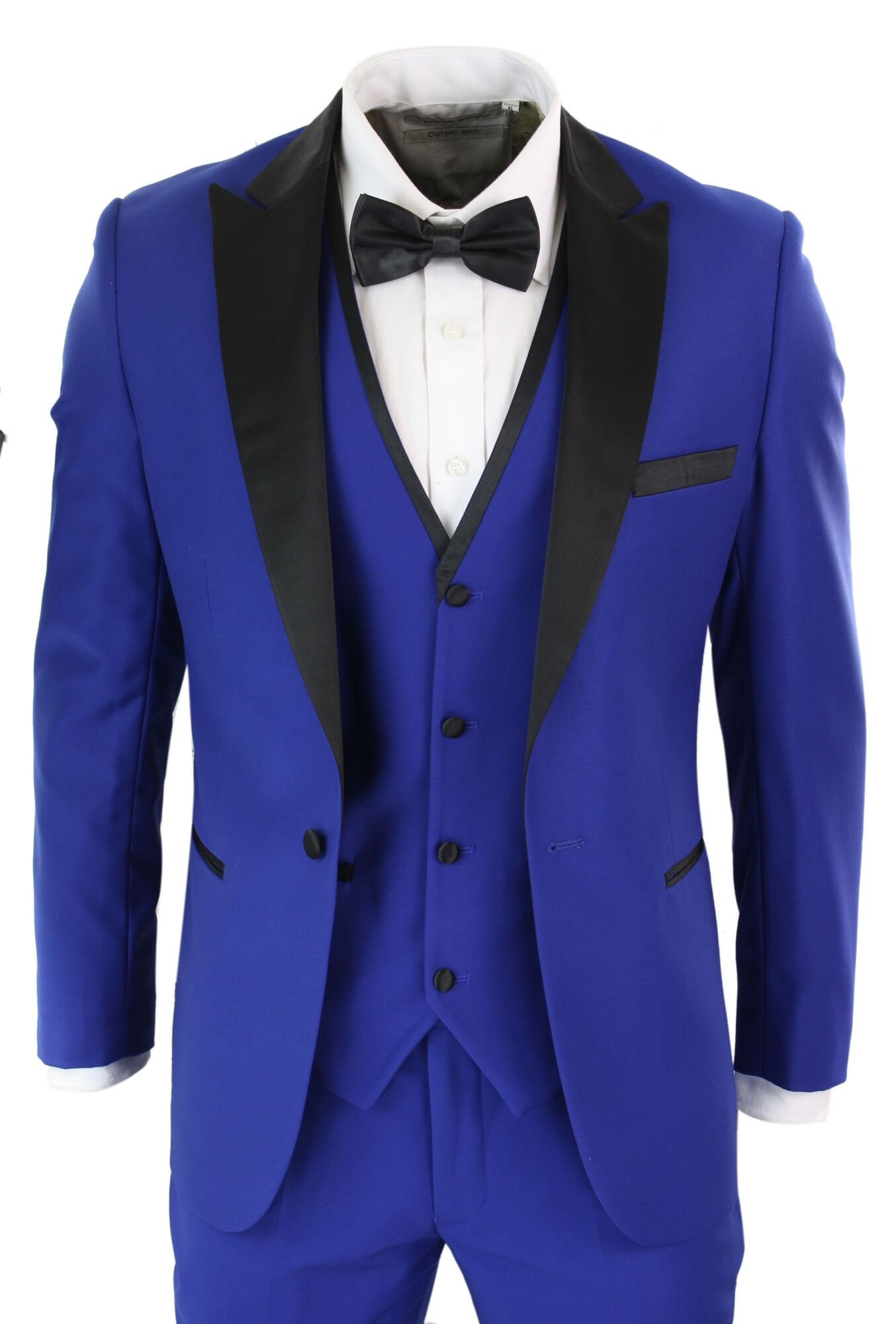 Paul Andrew Regent Blue - Mens 3 Piece Blue Black Satin Tuxedo Dinner Suit Tailored Fit Wedding Prom Groom
