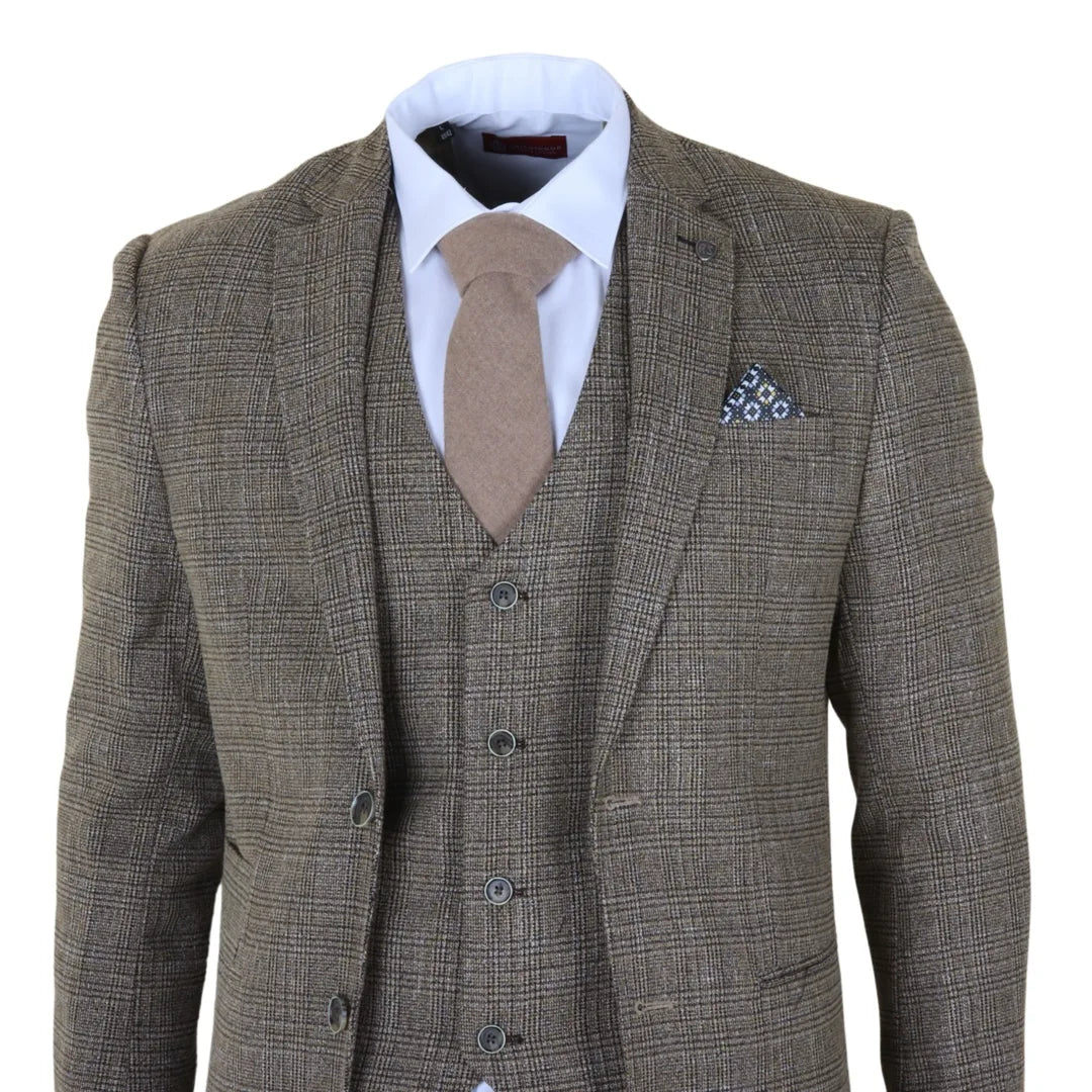 Heren Tan Brown Classic Check Slim Fit 3-delig pak