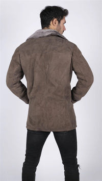 Mens Real Sheepskin Coat Beige Vintage Classic 3/4 Jacket Button Down V Neck