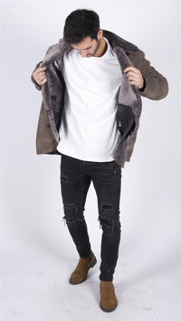 Mens Real Sheepskin Coat Beige Vintage Classic 3/4 Jacket Button Down V Neck