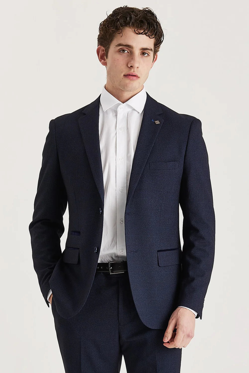 Regent - Heren Marineblauw Geruit Blazer met Tailored Fit