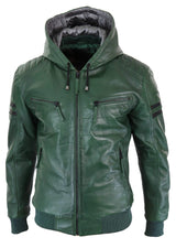 Men's Real Leather Bomber Jacket with Hood-Green