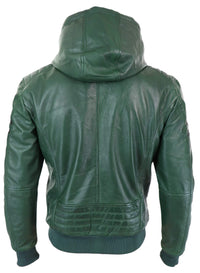 Men's Real Leather Bomber Jacket with Hood-Green