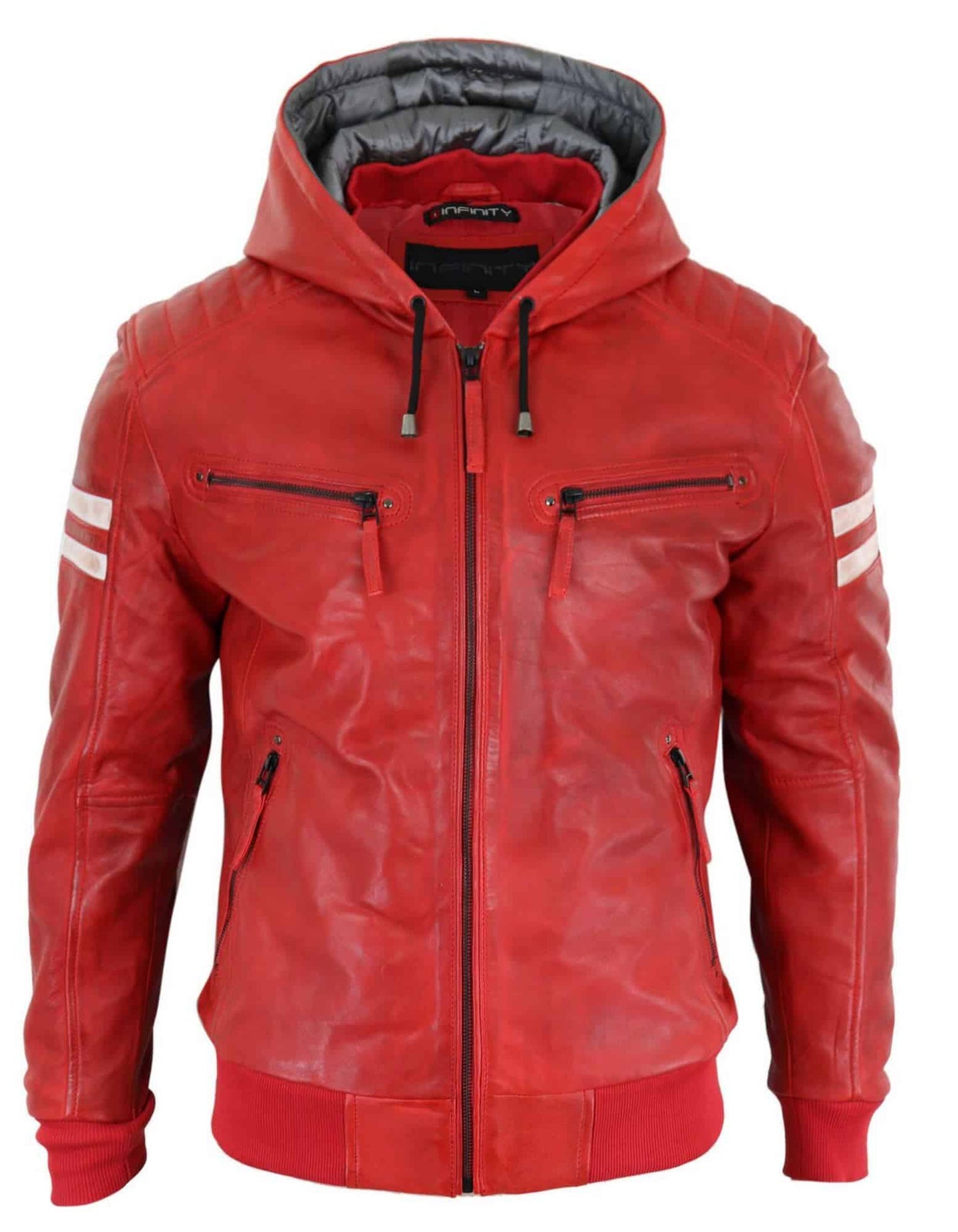 Men's Real Leather Bomber Jacket with Hood-Red