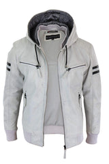 Men's Real Leather Bomber Jacket with Hood-White