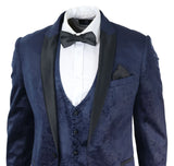 Mens Marc Darcy Velvet Paisley Blue Fit 3 Piece Suit Tuxedo Dinner Jacket Wedding