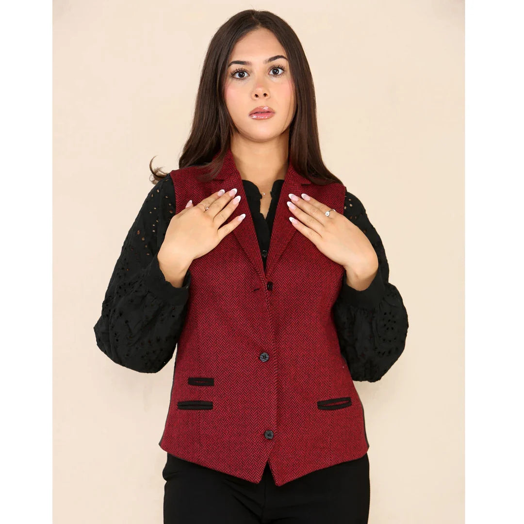 Dames Tweed Herringbone Vest Wijnrood Klassiek Jaren 20