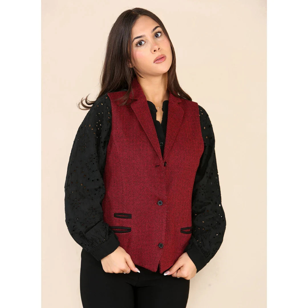 Dames Tweed Herringbone Vest Wijnrood Klassiek Jaren 20