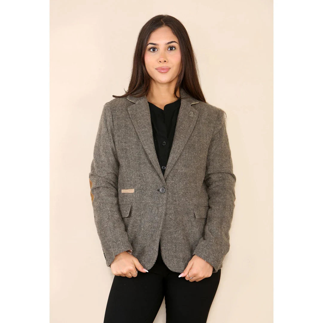 Dames Herringbone Tweed Blazer Oak Brown Classic Jacket