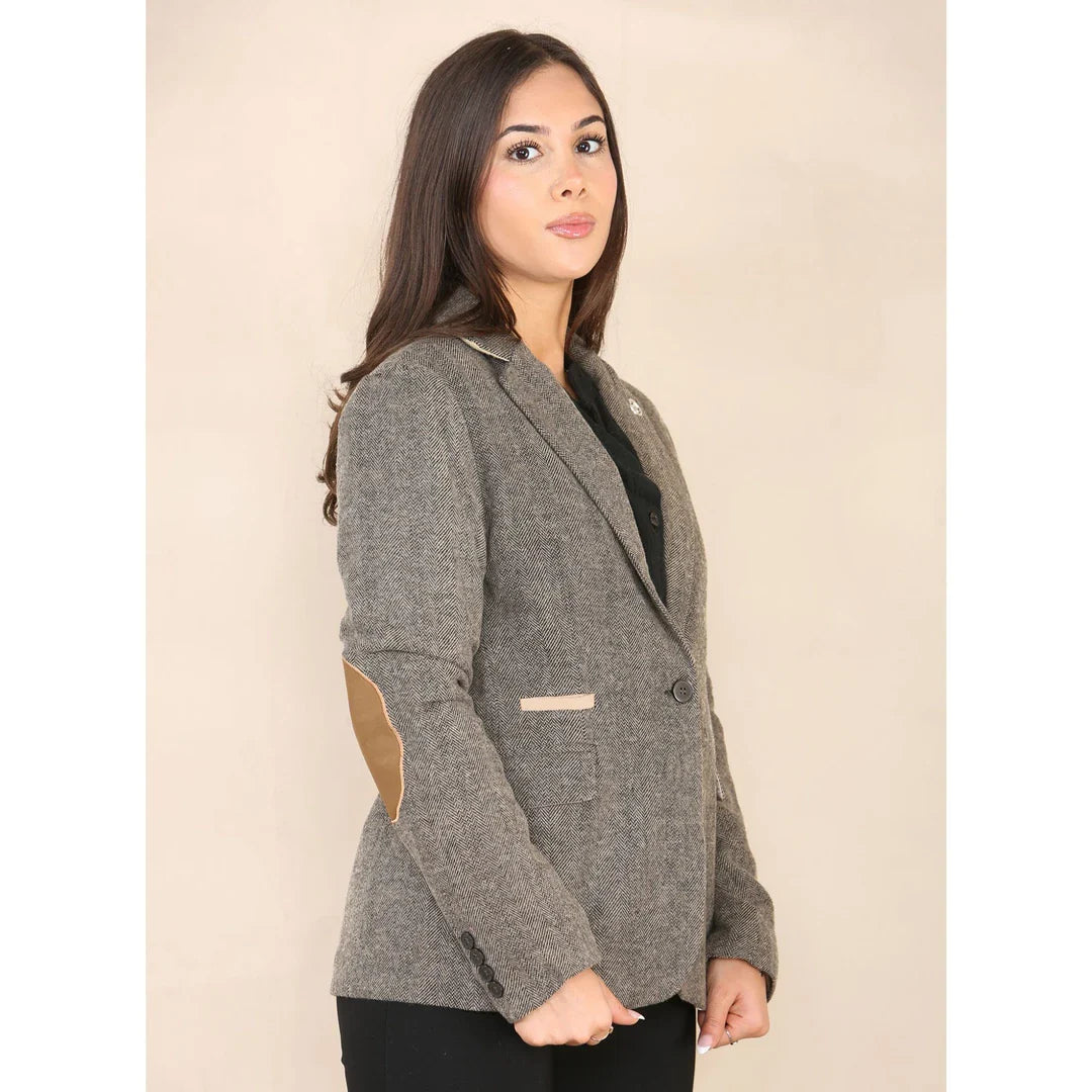 Dames Herringbone Tweed Blazer Oak Brown Classic Jacket