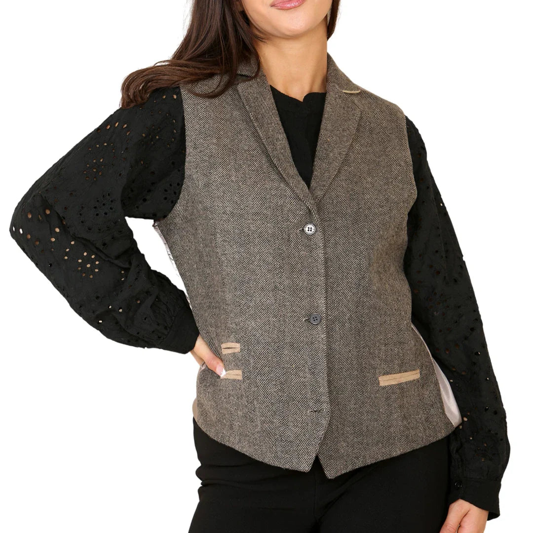 Dames visgraat tweed gilet eikenbruin klassiek