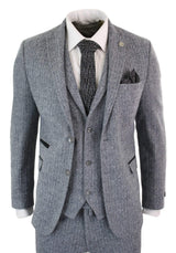 Men's Light Grey 3 Piece Tweed Herringbone Suit - STZ11