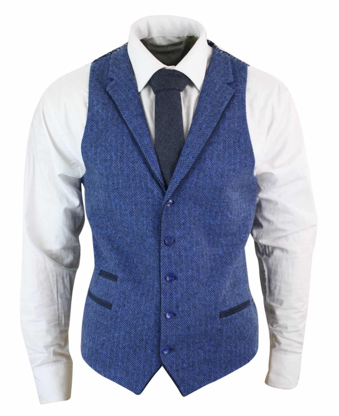 Mens Blue Waistcoat Tweed Herringbone Wool Peaky Blinders Vintage Retro