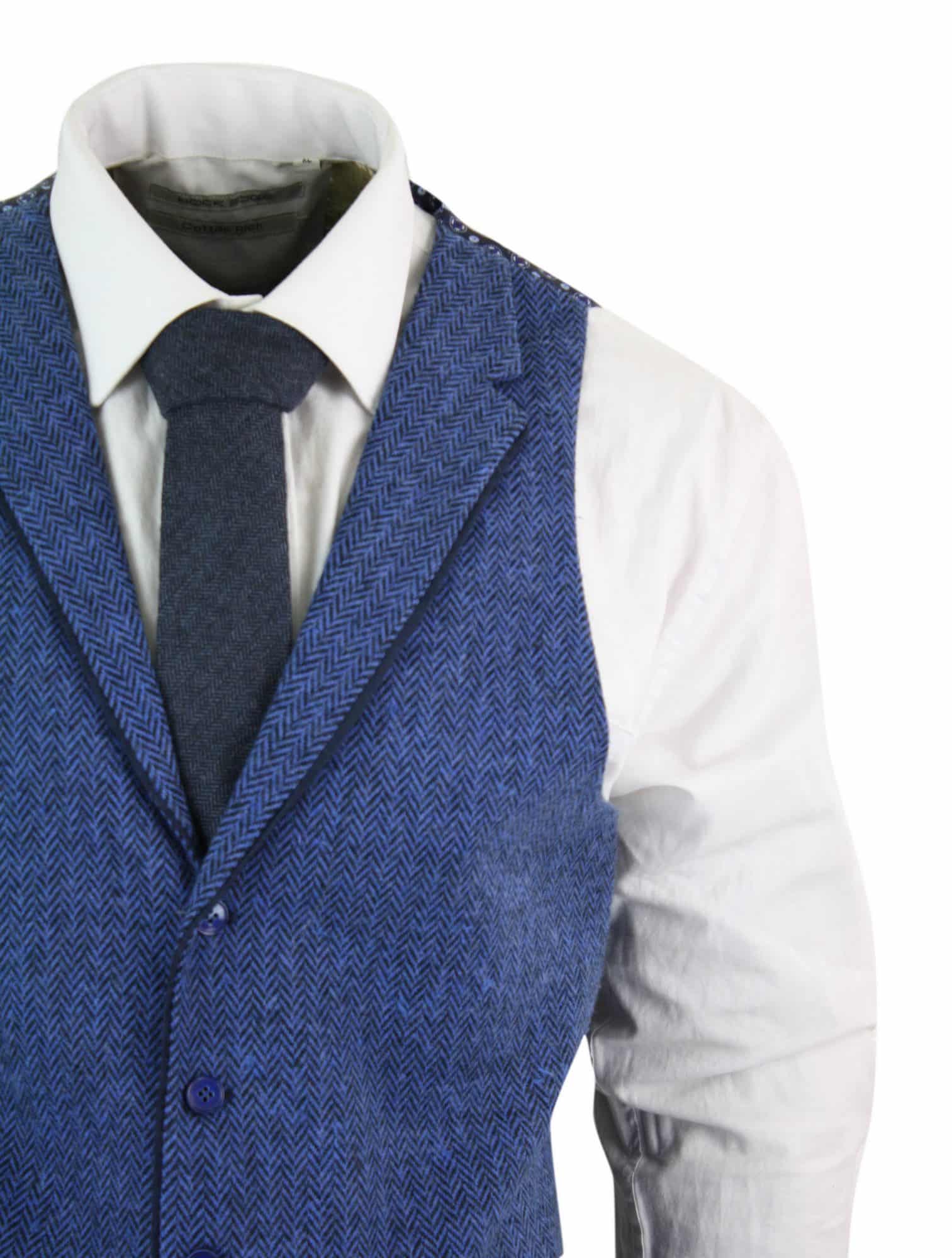 Mens Blue Waistcoat Tweed Herringbone Wool Peaky Blinders Vintage Retro