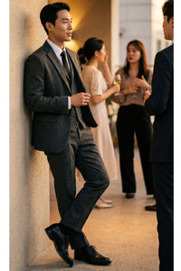 Heren antracietgrijs 3-delig tweed visgraatpak - STZ11