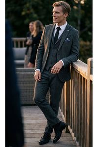 Heren antracietgrijs 3-delig tweed visgraatpak - STZ11
