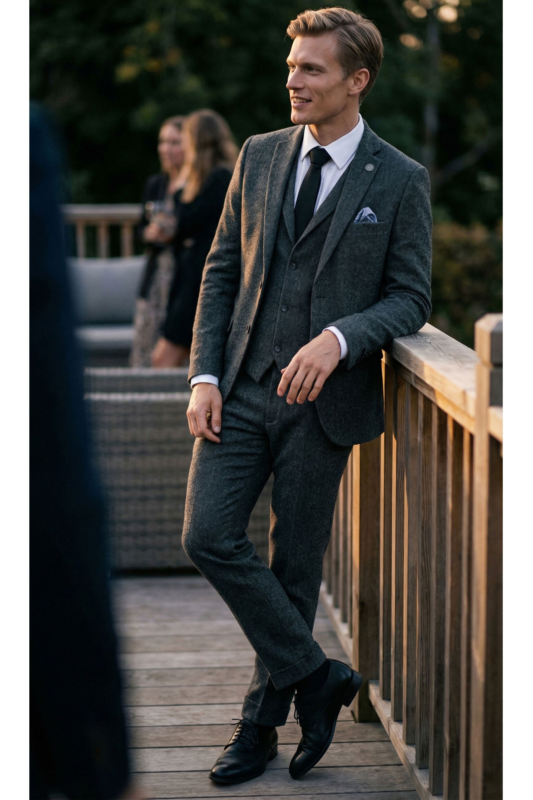 Heren antracietgrijs 3-delig tweed visgraatpak - STZ11