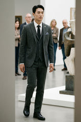 Heren antracietgrijs 3-delig tweed visgraatpak - STZ11