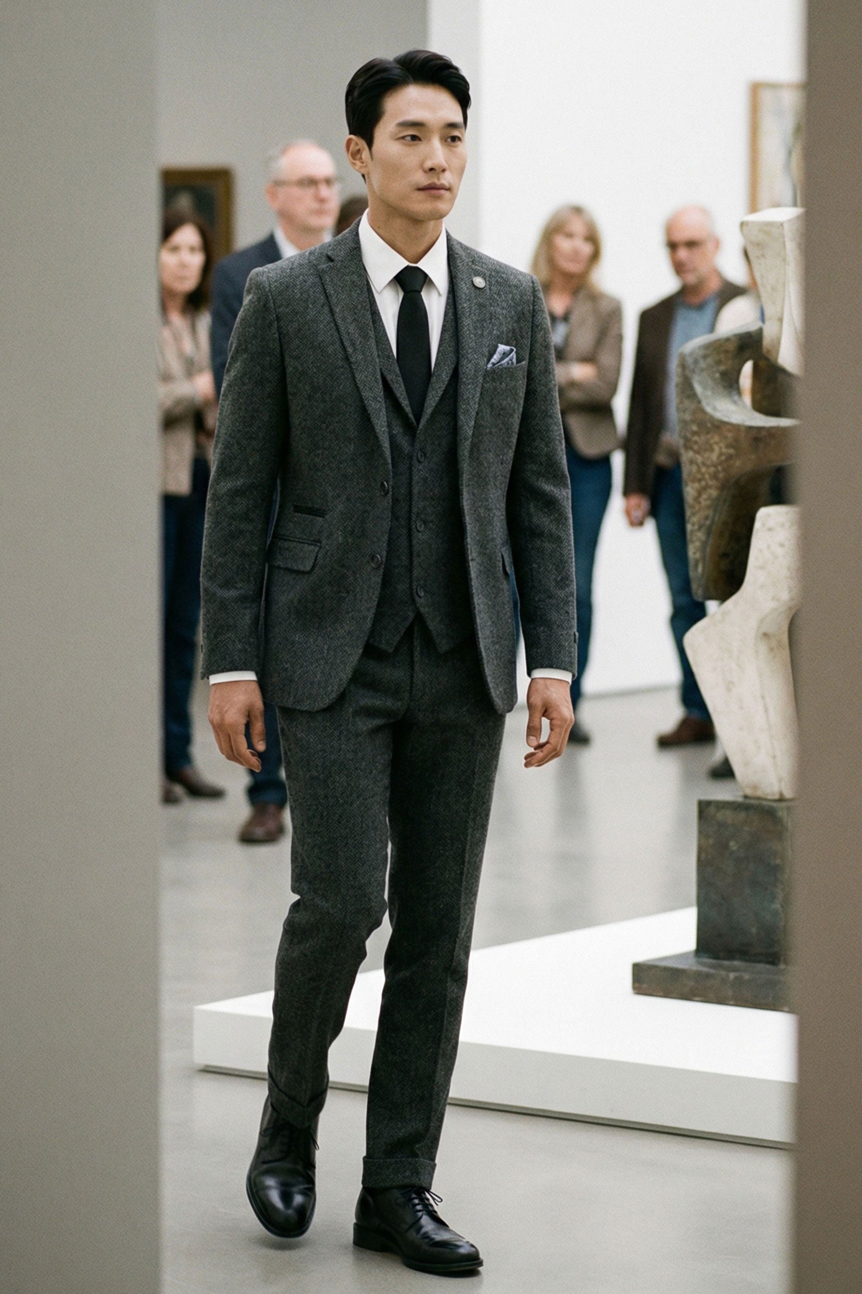 Heren antracietgrijs 3-delig tweed visgraatpak - STZ11