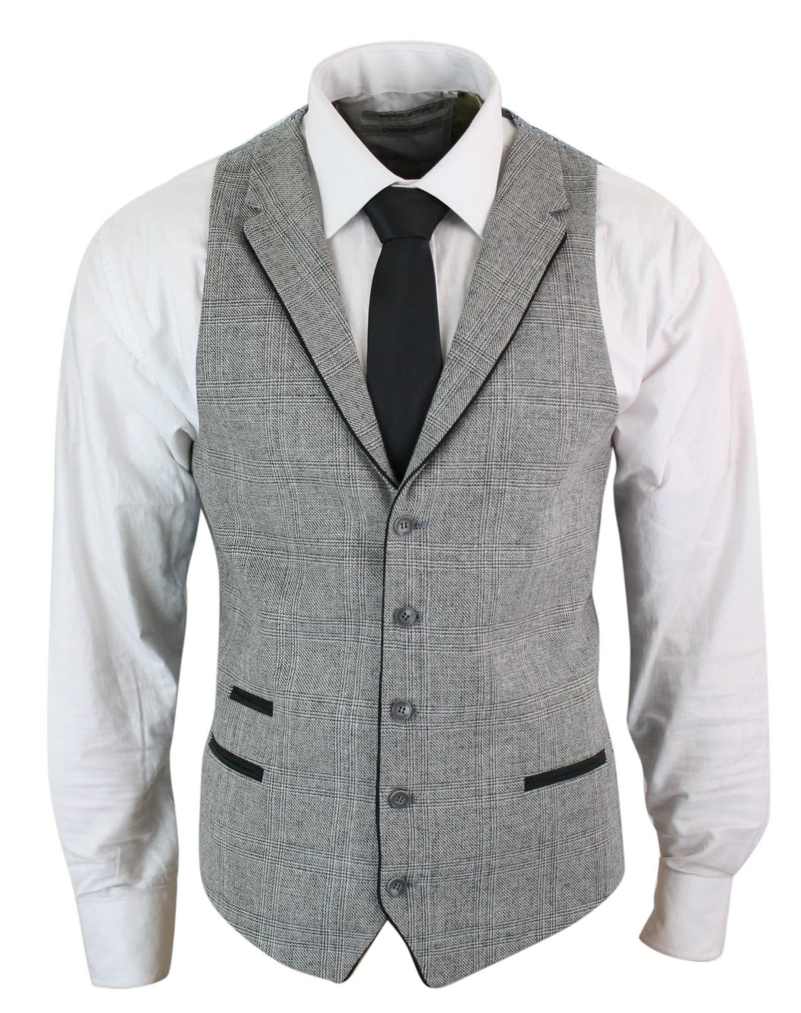Mens Waistcoat Wool Check Herringbone Tweed Brown Black Classic Vintage Fit