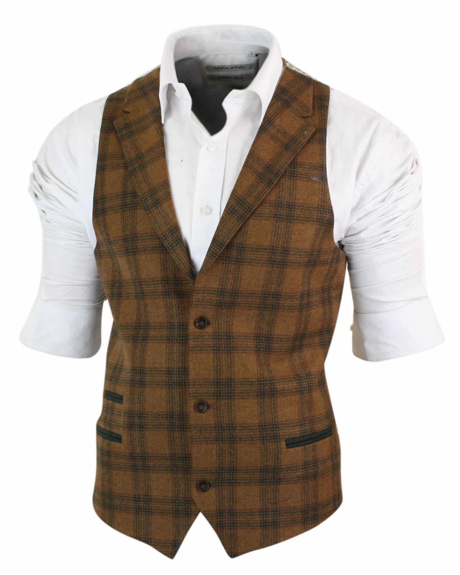 Mens Waistcoat Wool Tan Brown Check Tweed Classic Vintage Tailored Fit